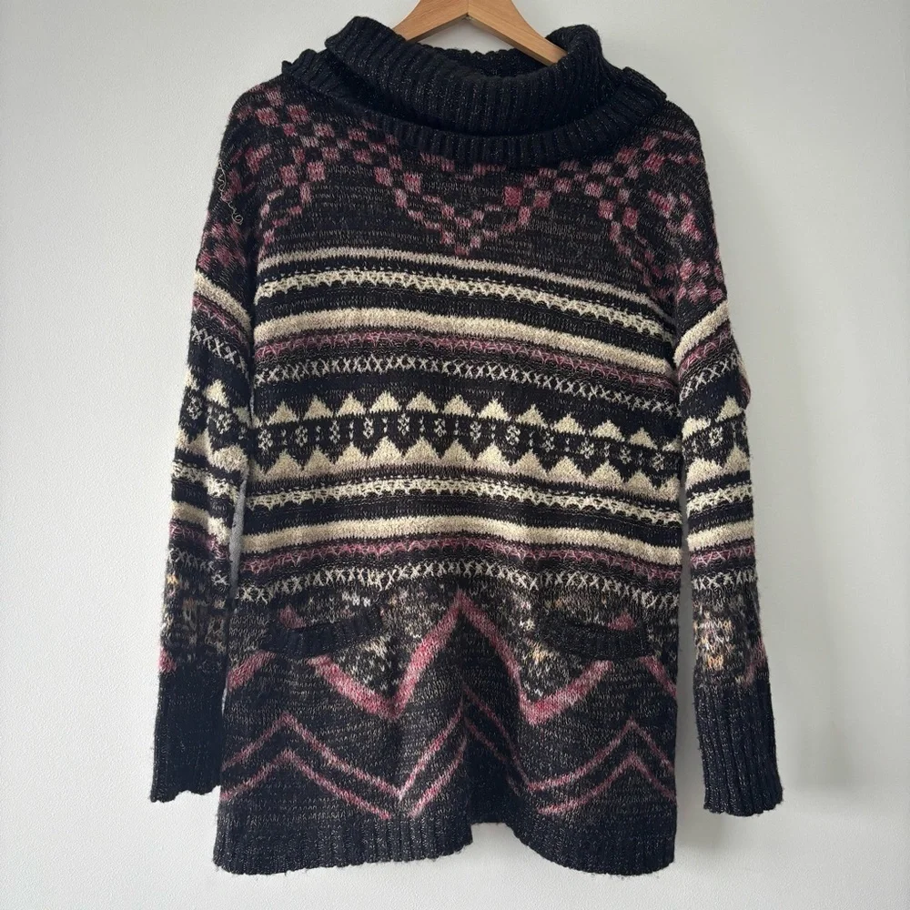 Lucky Brand Multicolor Cowl Neck Long Cozy Tunic Wool Sweater with Front Pockets